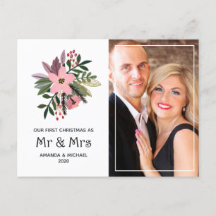 Burgundy and Pink Floral Our First Christmas Photo Holiday Postcard