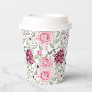 Burgundy and Pink Floral Paper Cups