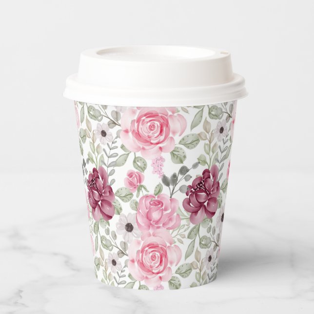 Burgundy and Pink Floral Paper Cups (Front)