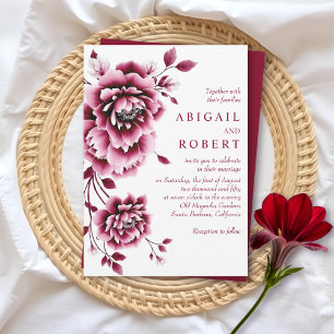 Burgundy and pink floral peony flowers wedding invitation