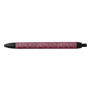 Burgundy and Pink Floral Tropical Leaf Pattern Black Ink Pen