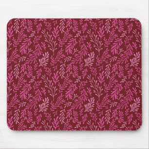 Burgundy and Pink Floral Tropical Leaf Pattern Mouse Pad