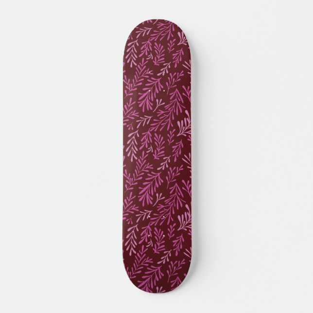 Burgundy and Pink Floral Tropical Leaf Pattern Skateboard (Front)
