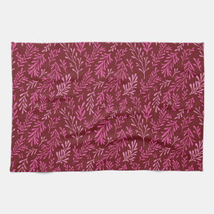Burgundy and Pink Floral Tropical Leaf Pattern Tea Towel
