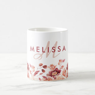 Burgundy and Pink Flowers Watercolor Name Monogram Coffee Mug