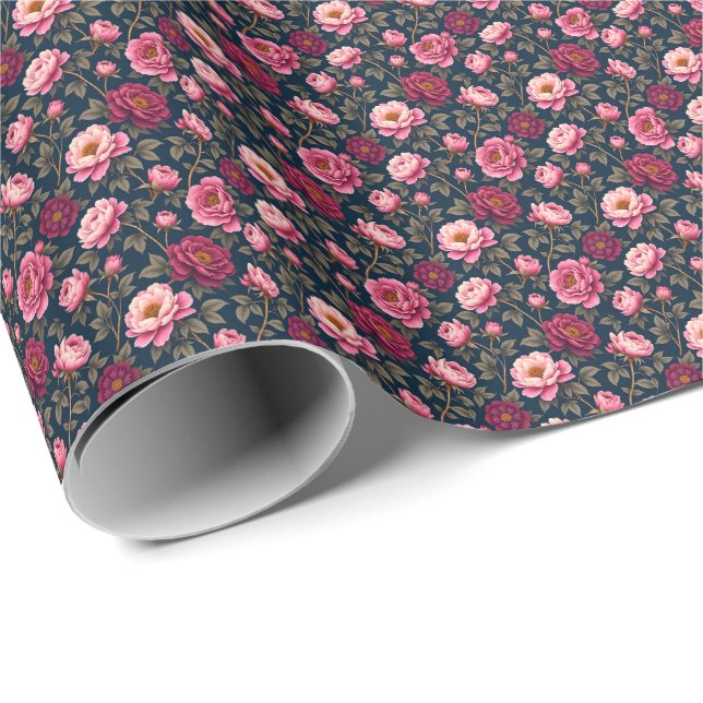 Burgundy and Pink Flowers Wrapping Paper (Roll Corner)