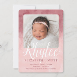 Burgundy and Pink Ombre Watercolor Birth Announcement