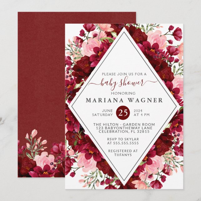 Burgundy and Pink Watercolor Floral Baby Shower Invitation (Front/Back)