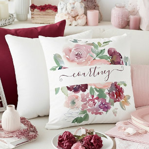Burgundy and pink watercolor floral personalised cushion