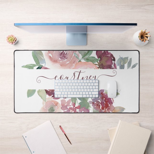 Burgundy and pink watercolor floral personalised   desk mat (Office 1)