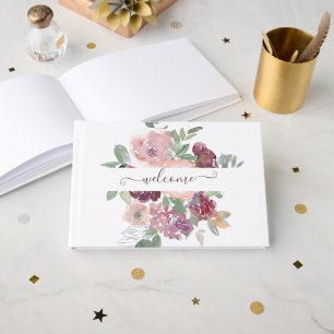 Burgundy and pink watercolor floral personalised guest book