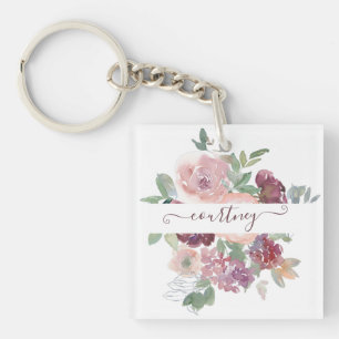 Burgundy and pink watercolor floral personalised key ring