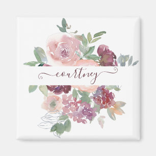 Burgundy and pink watercolor floral personalised magnet