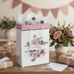 Burgundy and pink watercolor floral personalised   medium gift bag