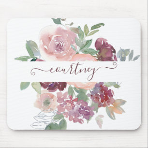 Burgundy and pink watercolor floral personalised   mouse pad