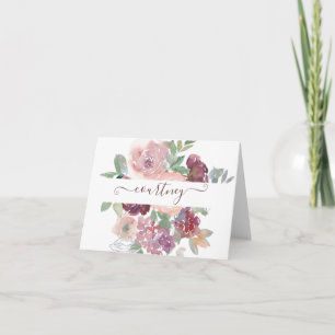 Burgundy and pink watercolor floral personalised   note card