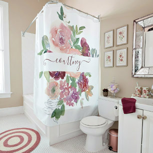 Burgundy and pink watercolor floral personalised   shower curtain