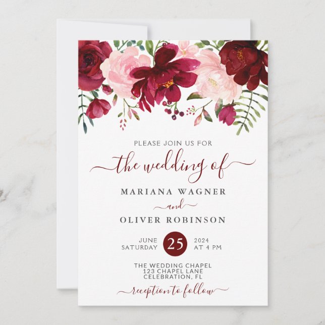 Burgundy and Pink Watercolor Floral Wedding Invita Invitation (Front)