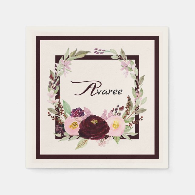 Burgundy and Pink Watercolor Flowers Napkin (Front)