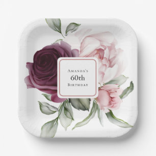 Burgundy and Pink Watercolor Roses 60th Birthday Paper Plate