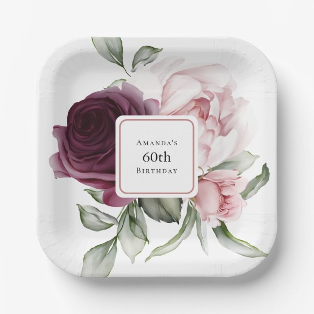 Burgundy and Pink Watercolor Roses 60th Birthday Paper Plate (Front)