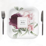 Burgundy and Pink Watercolor Roses 80th Birthday Paper Plate<br><div class="desc">Beautiful watercolor roses floral paper plates to add a personal look to your birthday party. This design is especially for a 80th birthday celebration, but the text can be edited to anything you wish! This lovely design feature a floral bouquet with a centre frame inset that you can personalise with...</div>