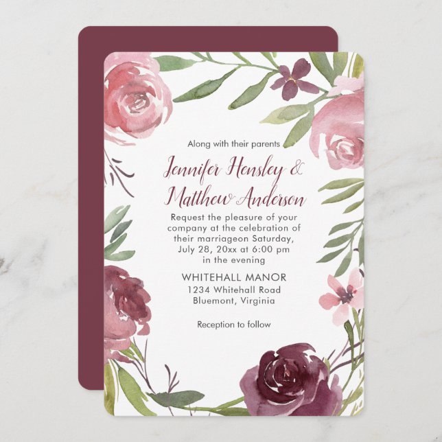 Burgundy and Pink Watercolor Roses Wedding | Invitation (Front/Back)