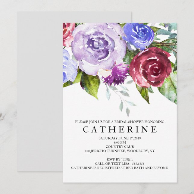 Burgundy and Purple Floral Bridal Shower Invitation (Front/Back)