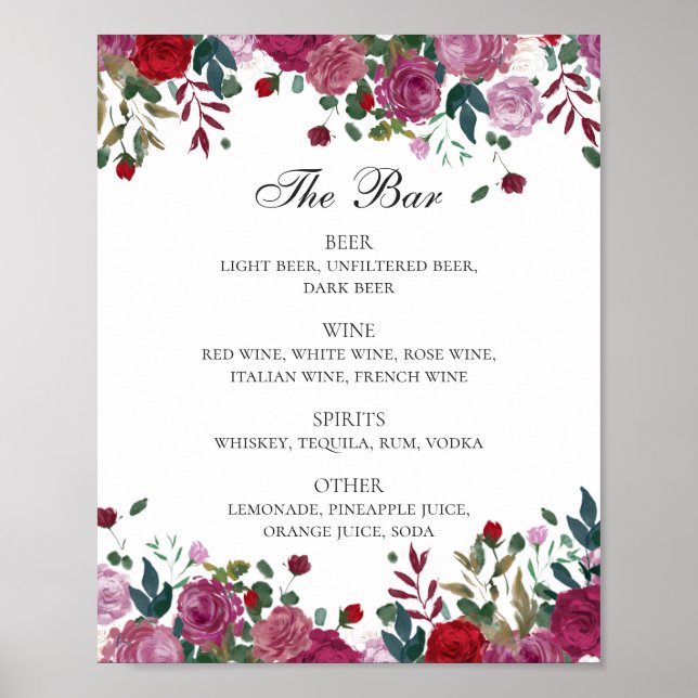 Burgundy and purple floral wedding drinks bar menu poster (Front)