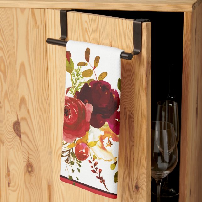 Burgundy and red watercolor roses  kitchen towel (Thirds Fold)