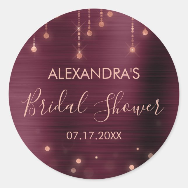 Burgundy and Rose Gold Bridal Shower Classic Round Sticker (Front)