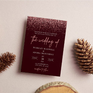 Burgundy and Rose Gold Glitter Wedding Invitation