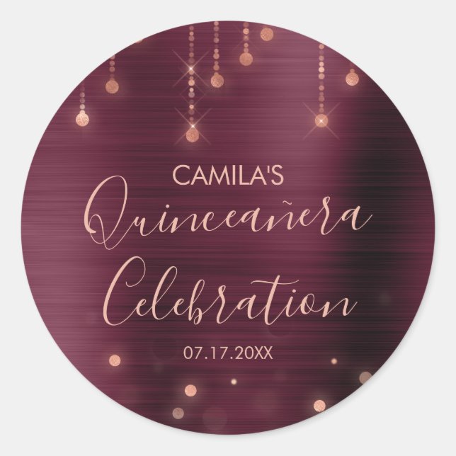 Burgundy and Rose Gold Quinceanera Party Classic Round Sticker (Front)