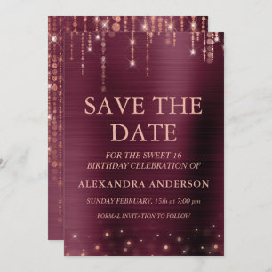Burgundy and Rose Gold Sweet 16 Save the Date Invitation