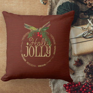 Burgundy And Shimmering Holly Jolly Christmas Cushion