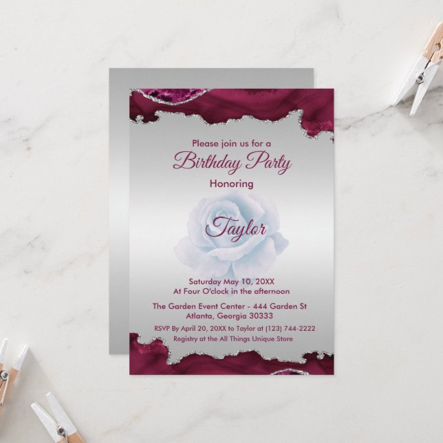 Burgundy and Silver Birthday Invitation (Front/Back In Situ)