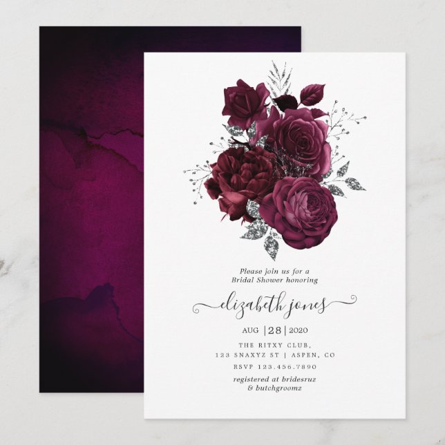 Burgundy and Silver Floral Bridal Shower Invitation (Front/Back)