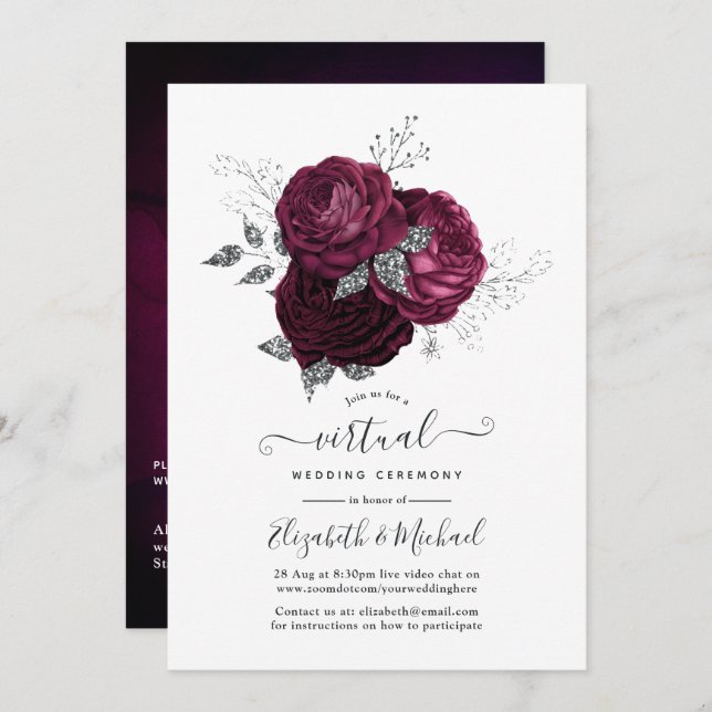 Burgundy and Silver Floral Online Virtual Wedding Invitation (Front/Back)