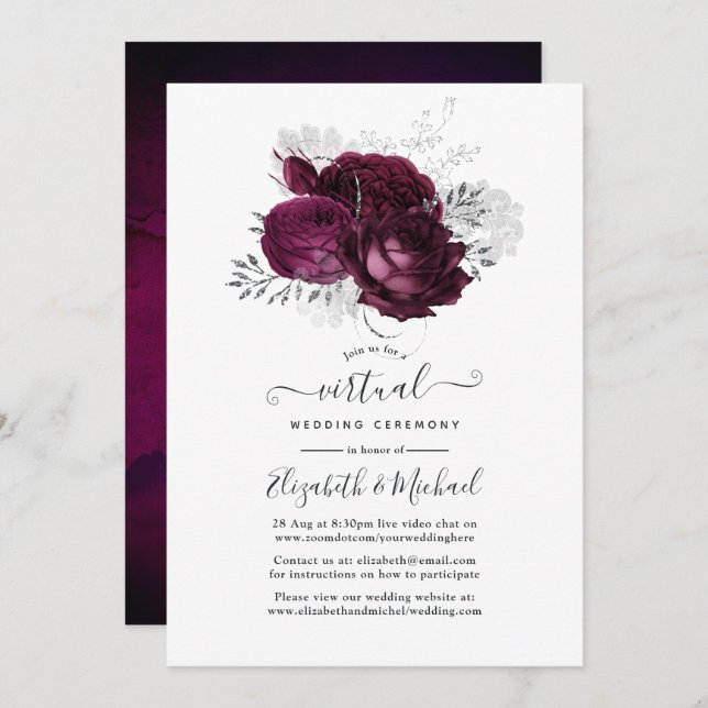 Burgundy and Silver Floral Virtual Wedding Invitation (Front/Back)