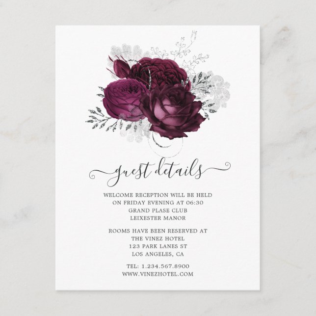 Burgundy and Silver Floral Wedding Guest Details Enclosure Card (Front)