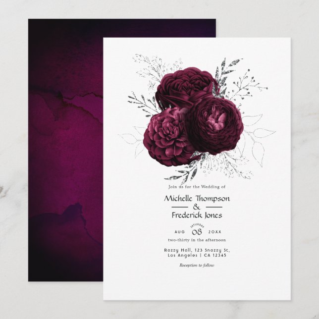 Burgundy and Silver Floral Wedding Invitation (Front/Back)