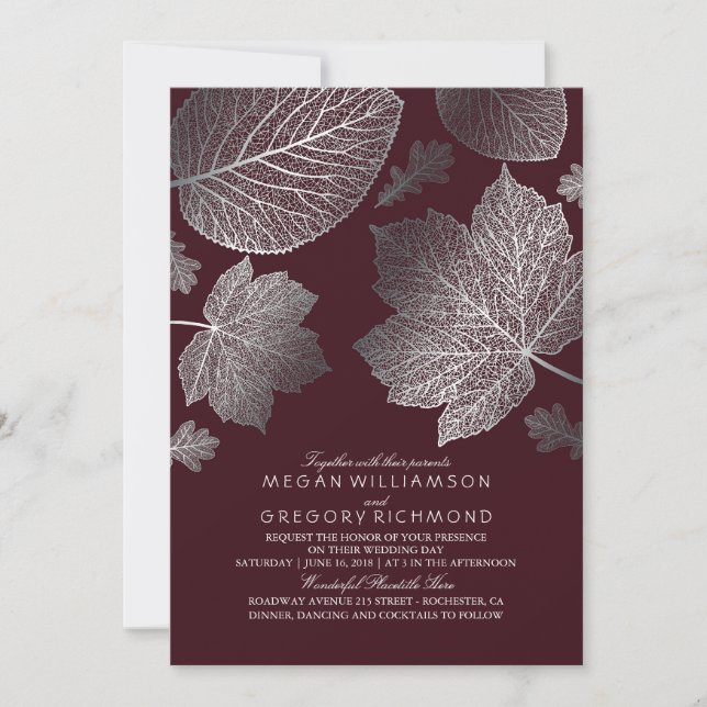 Burgundy and Silver Leaves Vintage Fall Wedding Invitation (Front)
