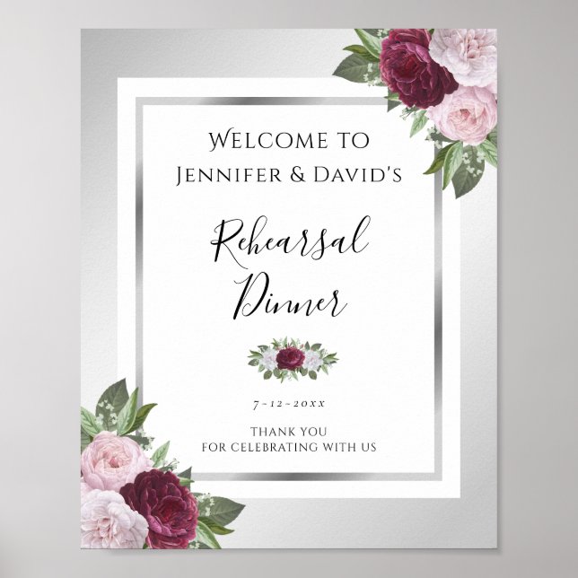 Burgundy and Silver Rehearsal Dinner Welcome Sign (Front)