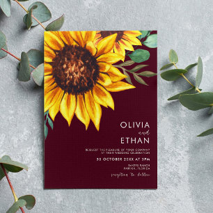 Burgundy and Sunflower Floral Botanical Wedding Invitation