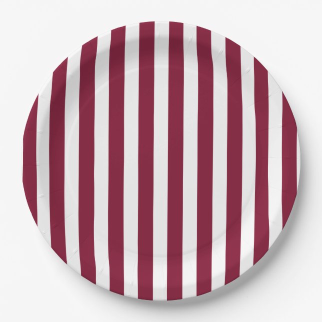 Burgundy and white candy stripes paper plate (Front)
