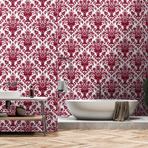 Burgundy and White Damask Floral peel and stick Wallpaper