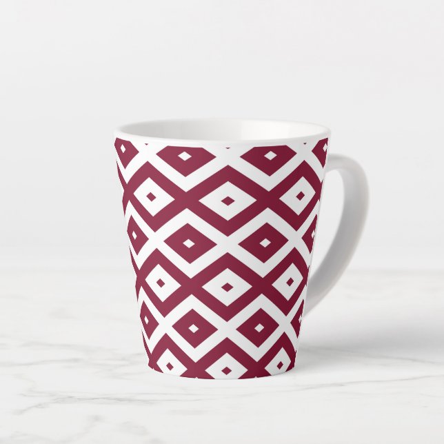 Burgundy and white diamond pattern latte mug (Right Angle)