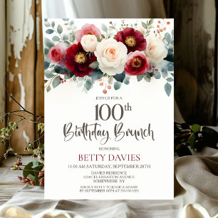 Burgundy and White Floral 100th Birthday Brunch Invitation