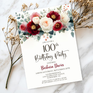 Burgundy and White Floral 100th Birthday Party Invitation