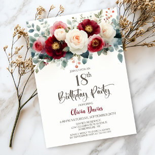 Burgundy and White Floral 18th Birthday Party Invitation